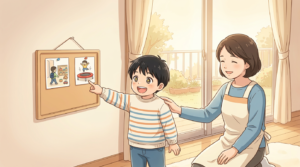 スケジュールボードのトランポリンカードを指差して笑顔になる子どもと、見守る大人